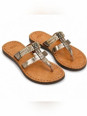 Ugg Metallic Silver Braided Leather Thong Sandals Sz 7 Summer Vacation Beach